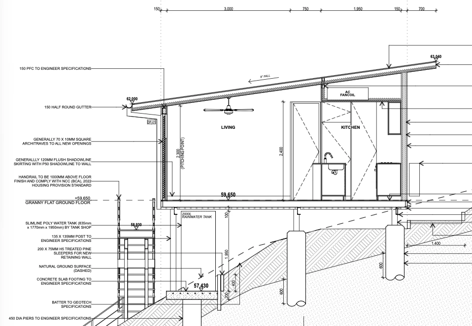 Building sections and elevations showing levels, roof pitch and construction build-ups