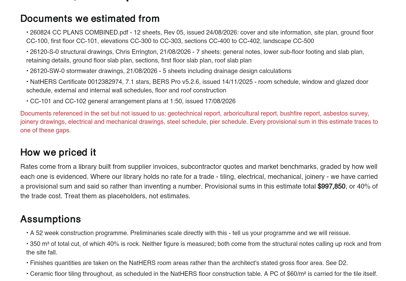 Basis, assumptions and exclusions page listing the documents estimated from and what was excluded