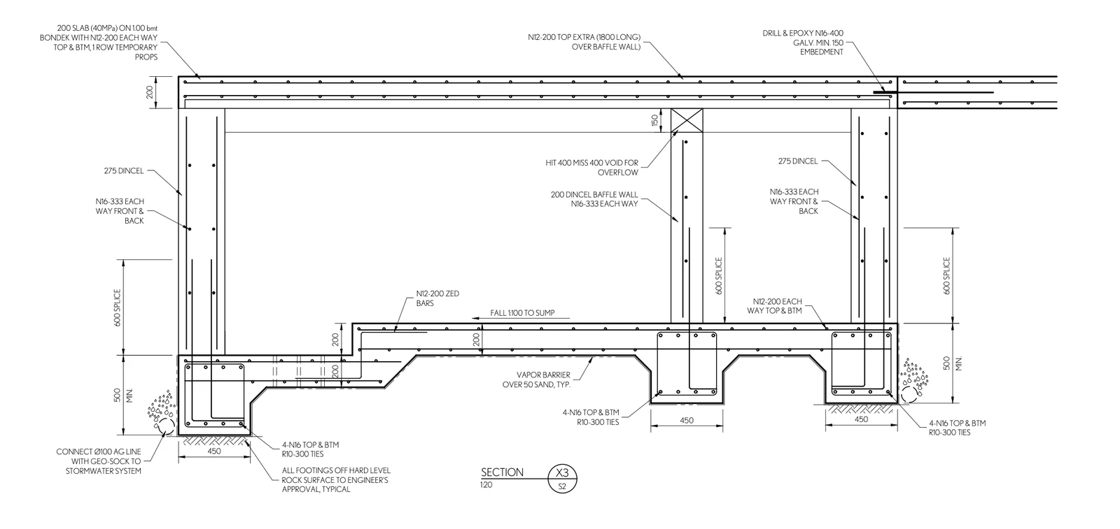 Structural detail showing reinforcement, slab thickness and footing construction