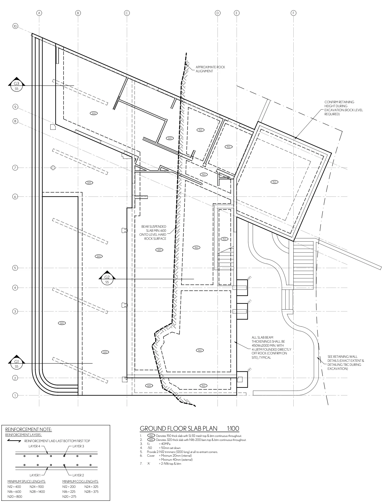 Structural plan and details with reinforcement notes and slab thicknesses